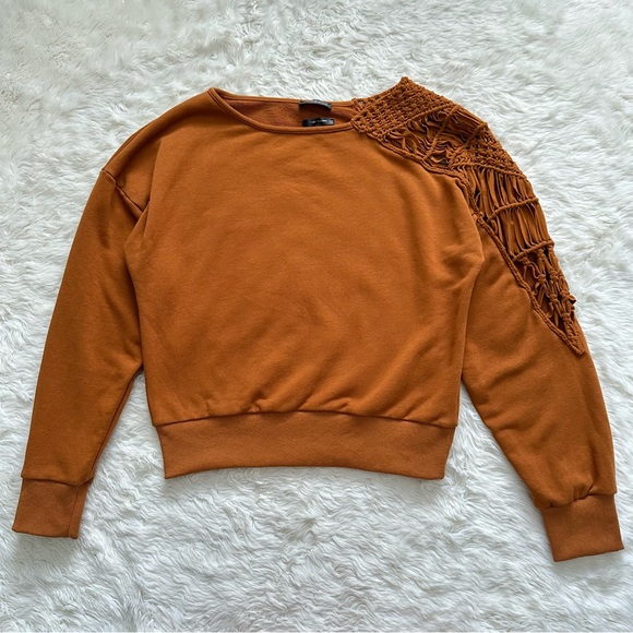 Carbon38 Sweatshirt Macrame Shoulder Pullover Long Sleeve Caramel Cafe XS - Picture 3 of 14